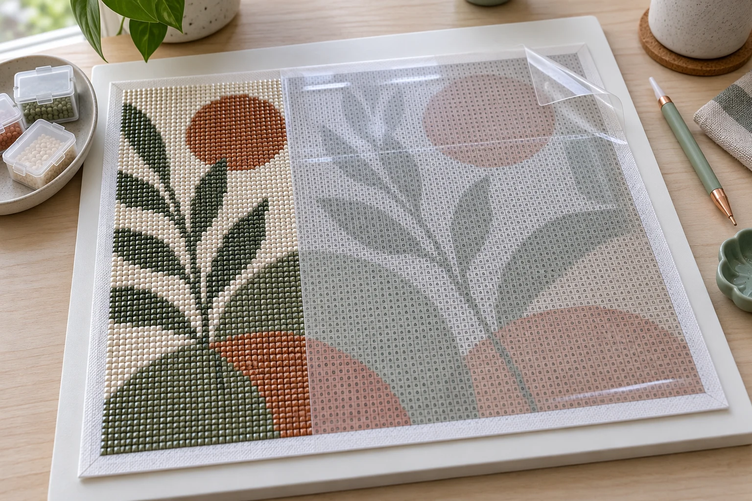 Toile de broderie diamant partiellement remplie, avec film transparent sur les cases restantes et support rigide dessous
