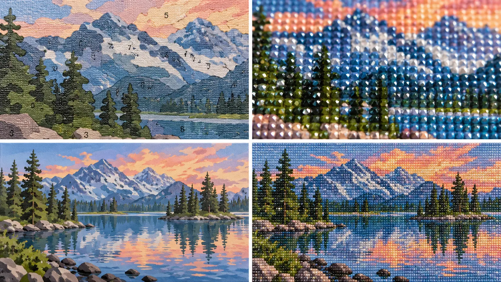 Même paysage rendu en peinture par numéro et en diamond painting, vu de près puis à distance