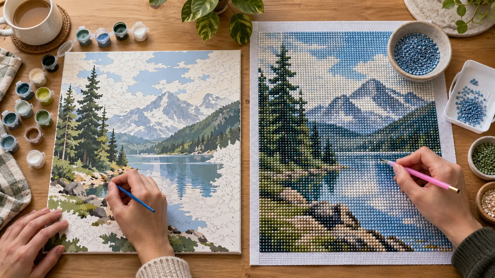 Peinture par numéro et diamond painting côte à côte sur une table créative