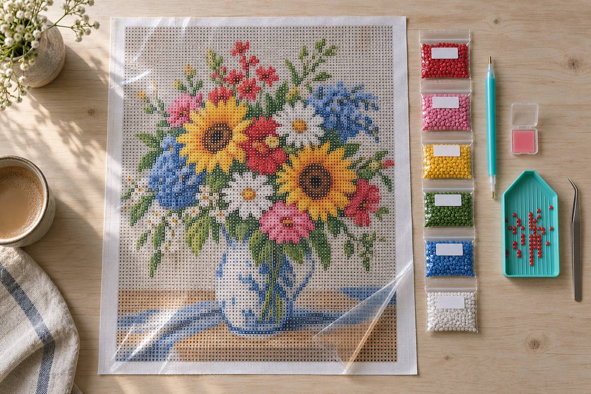 Kit de diamond painting débutant : toile, sachets de diamants, stylet, cire et plateau