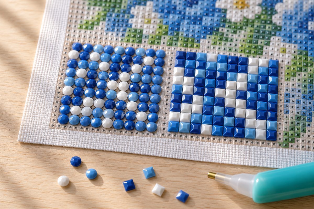 Gros plan comparant diamants ronds et diamants carrés posés sur une toile de diamond painting