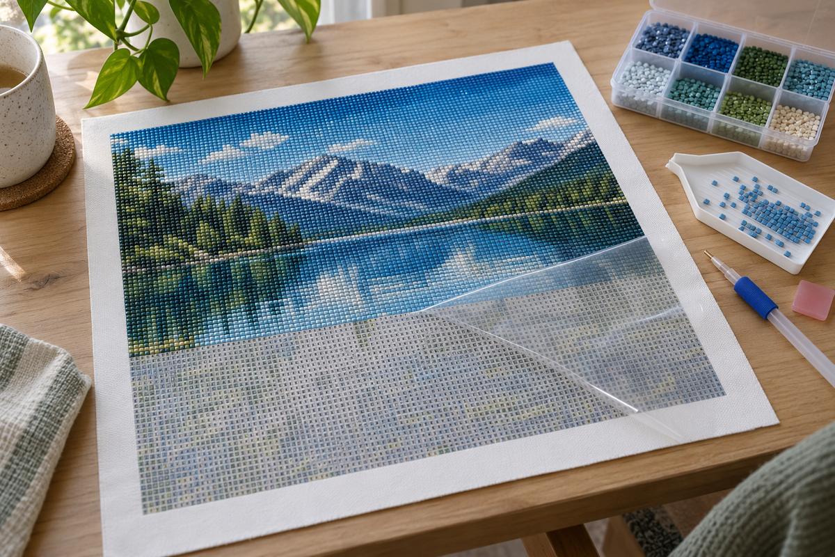Toile de broderie diamant 30x40 cm à moitié couverte de pierres avec plateau et stylo