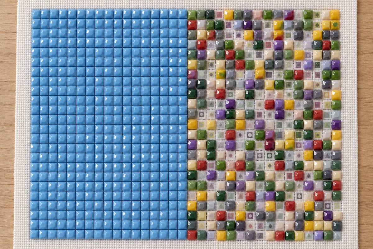 Gros plan comparant un aplat bleu uni et une zone de pierres multicolores éparpillées